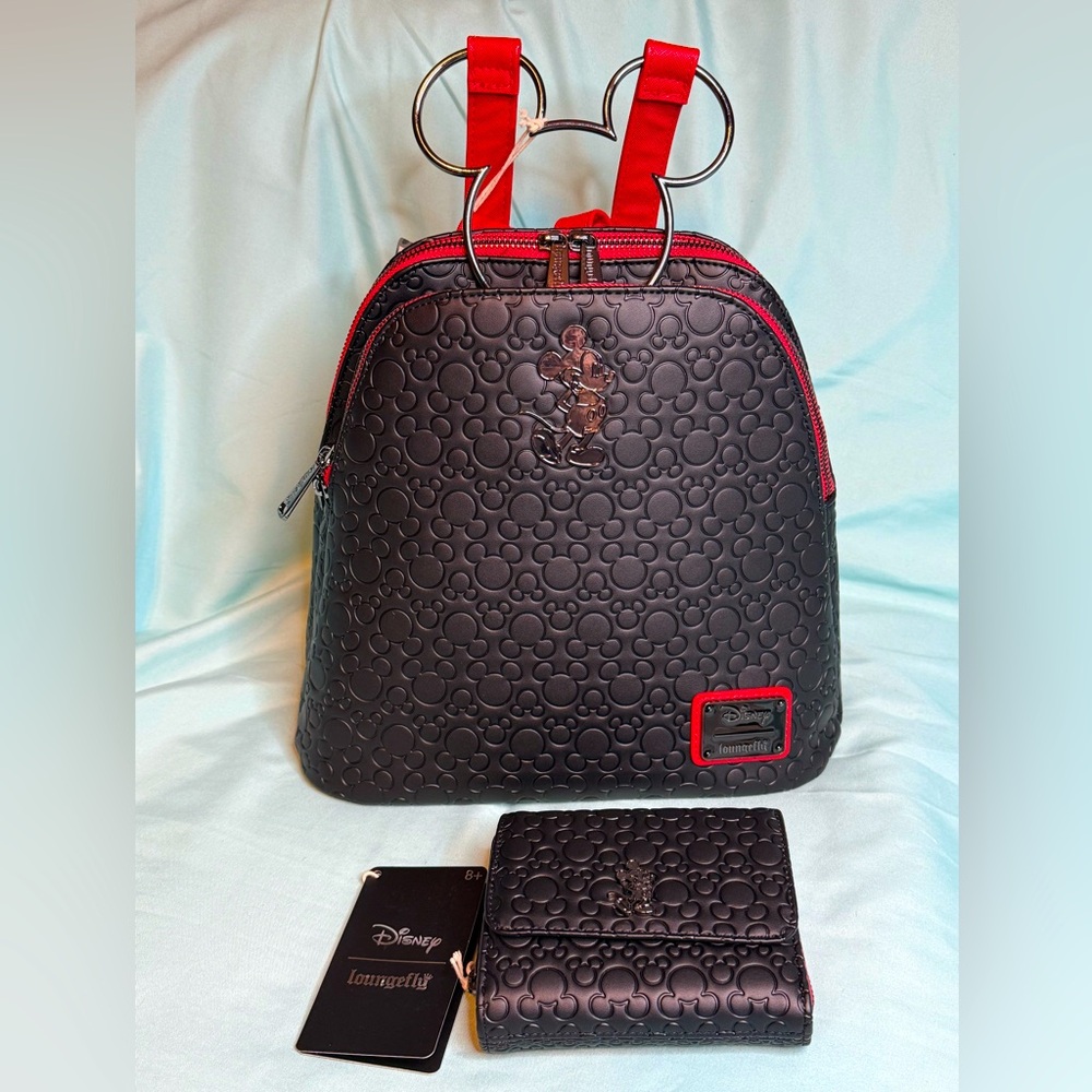 Loungefly x Disney Mickey Mouse Debossed All Over Print Backpack & Wallet Set